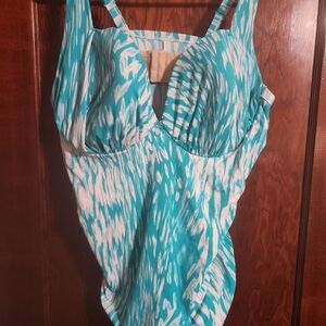 Cacique Turquoise and White Patterned One-Piece Swimsuit